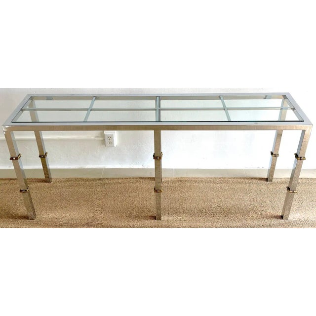 Mid-Century Modern Italian 1970s Chrome & Glass Console With Brass Faux Bamboo Mounts For Sale - Image 3 of 7