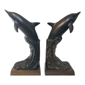 Vintage Pair of Bronze Dolphin Bookends, Mid-Century Nautical Sculptural Decor