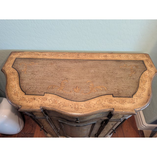 1990s Curved, Inlaid Wood, Stenciled Console Commode Table For Sale In Phoenix - Image 6 of 15