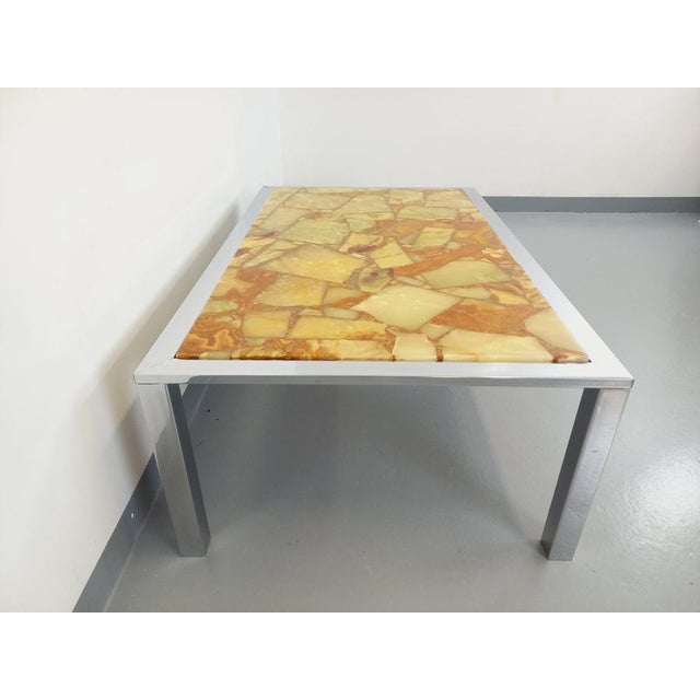 Large Vintage Coffee Table in Chrome Metal, Yellow Onyx Type and Resin, 1970s For Sale - Image 4 of 15