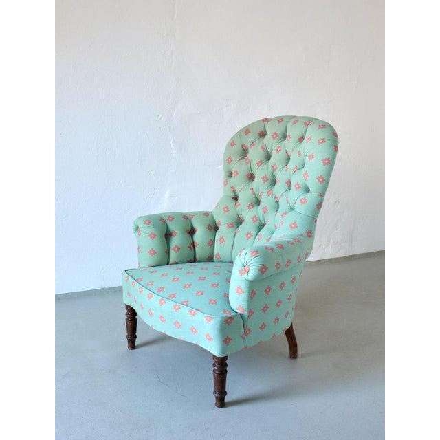 Vintage Green Coral Button Back Armchair, Belgium For Sale - Image 5 of 9