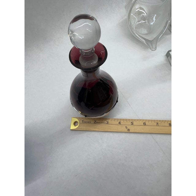Vintage Mid-Century Cranberry Glass Decanter & 4 Cordial Glasses Set With Silver Overlay For Sale - Image 10 of 11
