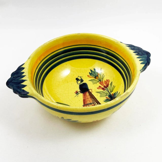 Henriot Quimper Vintage Henriot Quimper Soleil Yellow Handled Bowl With Breton Woman & Floral Motif For Sale - Image 4 of 6