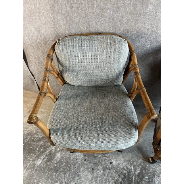 Ficks Reed Late 20th Century Vintage Mid Century Boho Chic Style Ficks Reed Leather Bound Rattan and Teak Swivel Chairs With Custom Cushions - a Pair For Sale - Image 4 of 12