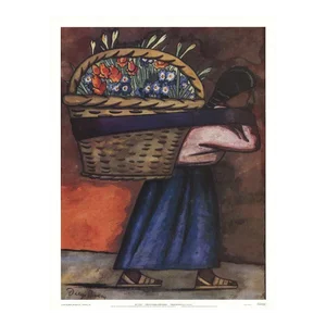 2000 Diego Rivera 'Flower Vendor With Basket (With Text)' Modernism Blue,Pink,Brown Offset Lithograph