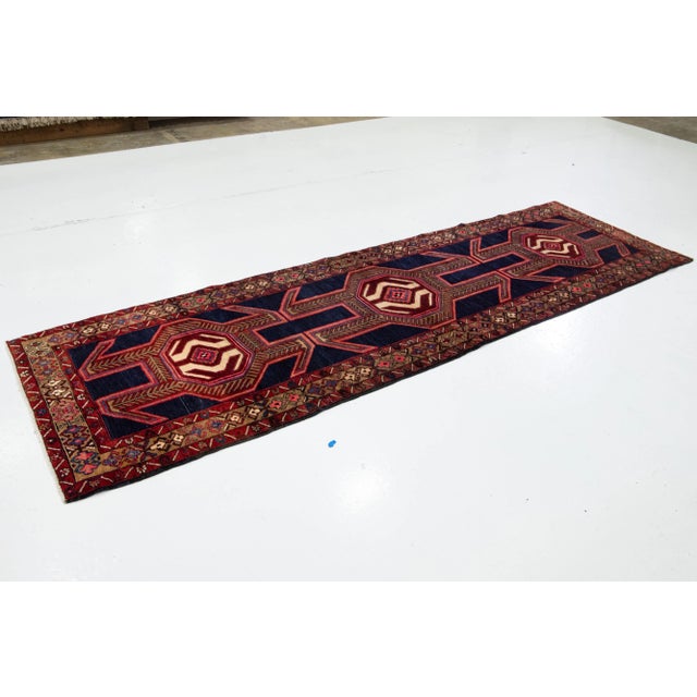 Tribal Navy Blue Tribal Designed Vintage Wool Rug 3 X 11 For Sale - Image 3 of 8