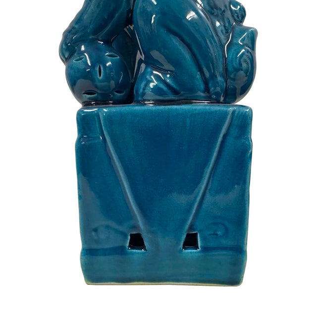 1960s Vintage Chinese Porcelain Turquoise Foo Dog Figurines - A Pair For Sale - Image 5 of 10