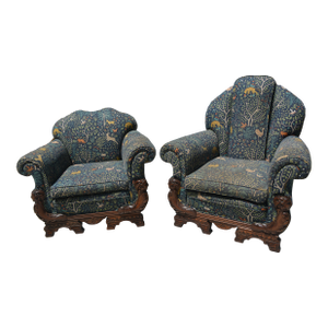 Vintage Set of 2 Arm Chairs With Wood Faces Surround Upholstered in Robert Allen Folkland Admiral Fabric