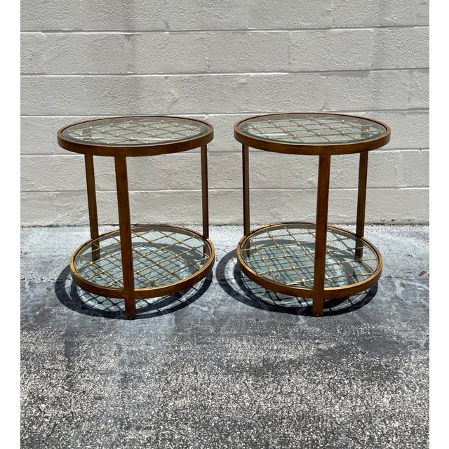 Vintage MCM Beaded Lattice Brass Tone Two Tier Side Tables - Pair For Sale In West Palm - Image 6 of 9
