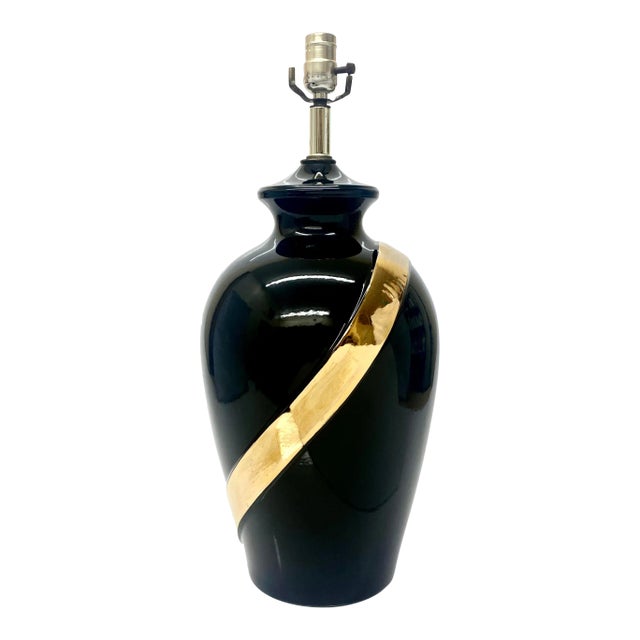 Relocation Super Sale! 1980s Black and Gold Sashed Ceramic Table Lamp For Sale