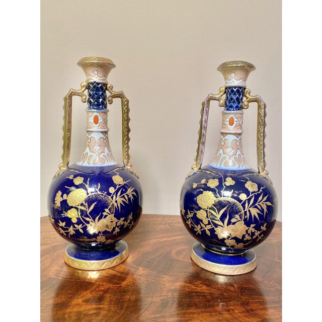 Blue Pair of 1990s Royal Worcester Hand Painted Porcelain Cobalt Blue Vases With Two Handles For Sale - Image 8 of 8