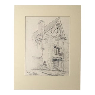 1920s "Au Mouton Blanc, Mont St. Michel" Landscape Pencil Drawing by Walter E. Church For Sale