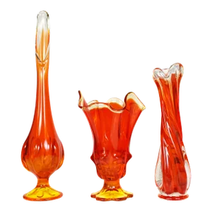Mid-Century Modern Le Smith Viking Glass Amberina Orange Swung Handkerchief Vase Art Glass Set - 3 Pieces