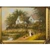 Children holding pails with chickens by a duck pond & cottage in the English Countryside by British Artist, Les Parson...