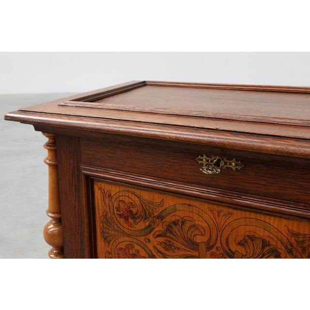 Neo-Renaissance Walnut Chest with Inlaid Front Panel and Turned Columns, Belgium, 1880s For Sale - Image 10 of 15