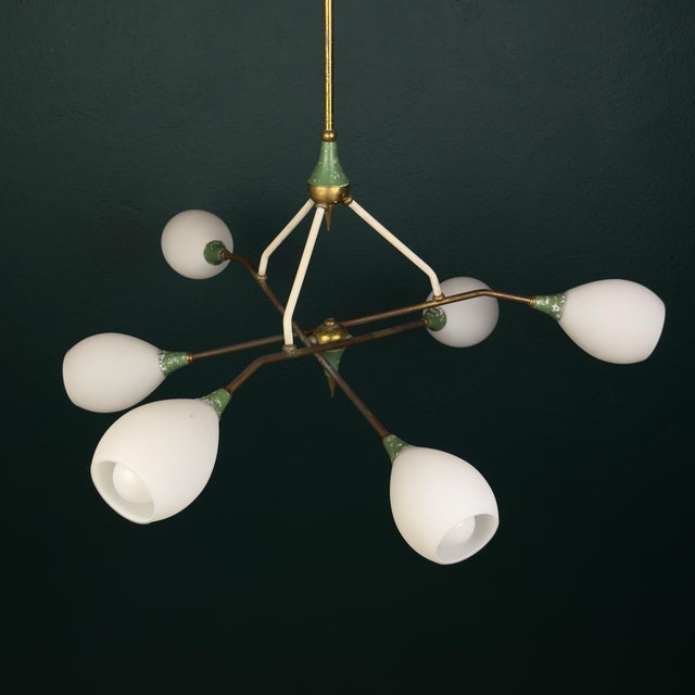 Mid-Century Chandelier with Opaline Glass from Stilnovo, Italy, 1960s For Sale - Image 4 of 18