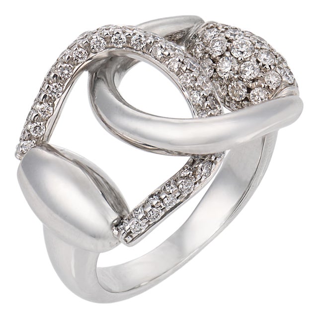 Mid 20th Century Gucci Diamond 18k White Gold Horsebit Ring, Size 7 For Sale