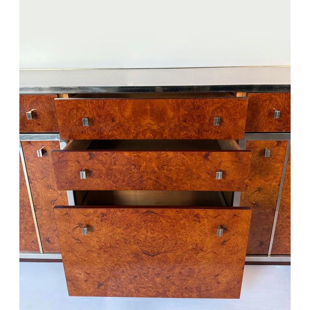 Brown Vintage Brass and Burl Sideboard with Drawers, 1970 For Sale - Image 8 of 14