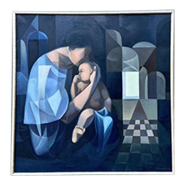 Vintage Original Abstract Figurative Oil Painting of Mother and Child For Sale