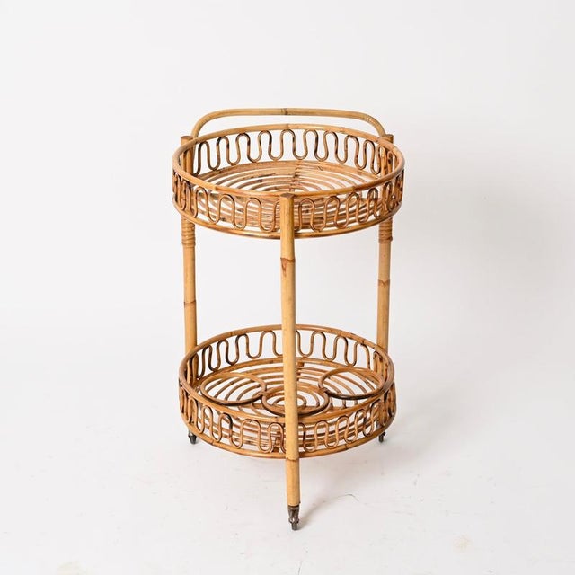 Round Serving Bar Cart in Bamboo, Rattan and Wicker by Franco Albini, Italy, 1960s For Sale - Image 6 of 12