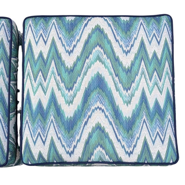 Schumacher Valkyrie Flame Stitch Parsons Ottomans in Emerald & Peacock- Pair For Sale - Image 10 of 10
