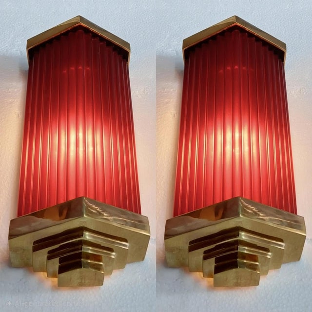 1940s Vintage Art Deco Light Old Lamp Wall Sconces Fixture Brass & Red Glass Rod Ship Light - Pair For Sale - Image 5 of 5