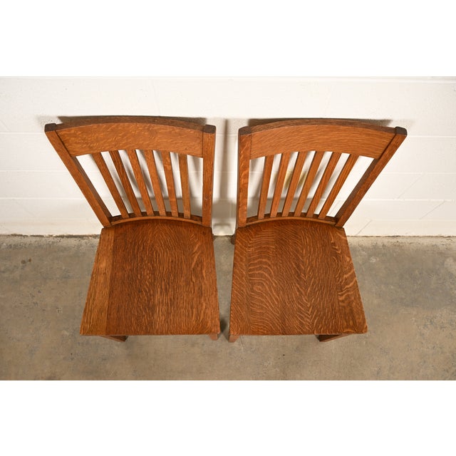 Limbert Style Antique Mission Oak Arts & Crafts Spindle Back Side Chairs or Dining Chairs, Pair For Sale In South Bend - Image 6 of 14