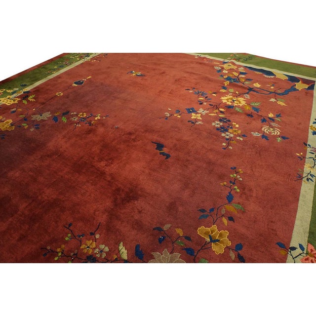 Art Deco Gorgeous Tinys Flowers in a Floral Design With Cute Pink-Raspebery Background Antique Chinese Art Deco Rug For Sale - Image 3 of 8