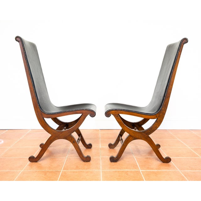 Mid-Century Spanish Oak and Black Leather Dining Chairs by Pierre Lottier for Valmazan, 1960s, Set of 6 For Sale - Image 4 of 18