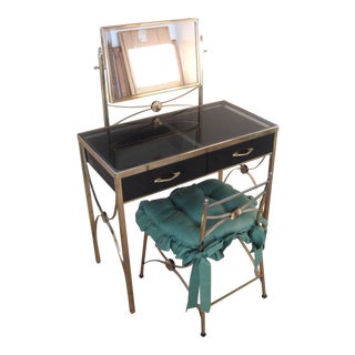 1960s Mid-Century Brass & Smoked Glass Vanity & Chair - A Pair For Sale