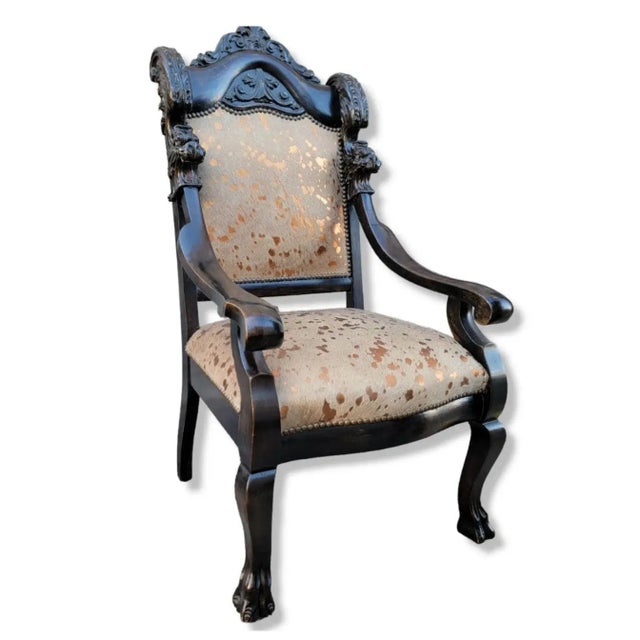 19th Century Antique French Baroque Carved Mahogany Fireside Throne Chair Newly Reupholstered in Cowhide For Sale - Image 5 of 6