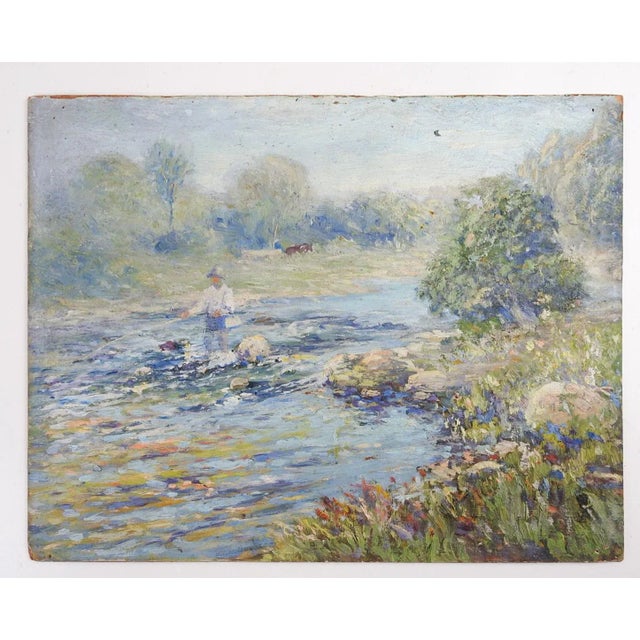 Paint Early 20th Century Plein Air Impressionist River Landscape and Fly Fisherman Painting For Sale - Image 7 of 7
