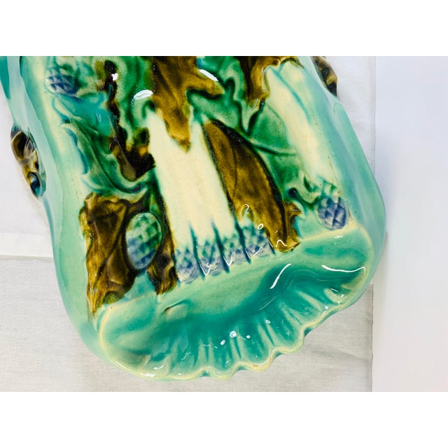 Ceramic Rare Antique French Barbotine Majolica Turquoise Asparagus Serving Tray Platter Dish For Sale - Image 7 of 11