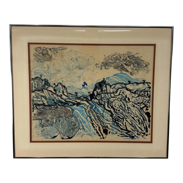 Framed Abstract Blue Landscape Lithograph Signed For Sale