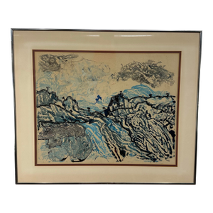 Framed Abstract Blue Landscape Lithograph Signed