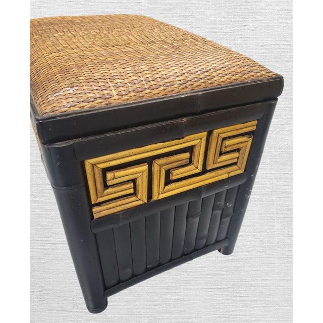 English Vintage Wood, Wicker, Bamboo Greek Key Black Brown Padded Footstool Storage Box For Sale - Image 3 of 7