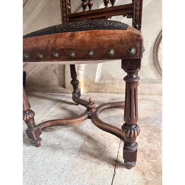 Wood Antique French Henri I| Walnut & Leather Dining Chair, Lion Carvings, Loire Valley, 1880 For Sale - Image 7 of 9