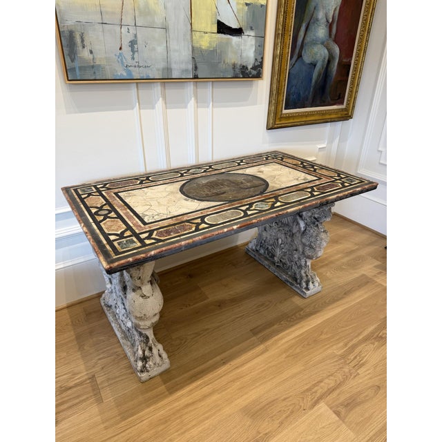 Italian Mid 20th Century Italian Pietra Dura Marble Inlay Table With Ornate Carved Stone Pedestal For Sale - Image 3 of 5