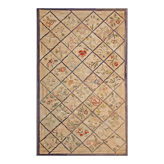 1930s Tan Camel Diamond Folk Art Antique American Hooked Rug3'0"x 5'0" Handknotted Wool Carpet For Sale