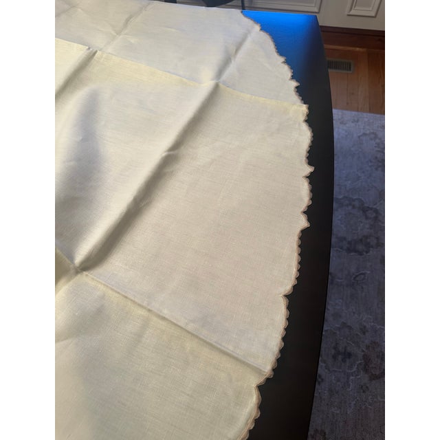 Mediterranean Vintage 100% Linen Tablecloth With Hand Embroidered Scalloped Edge From Portugal For Sale - Image 3 of 6