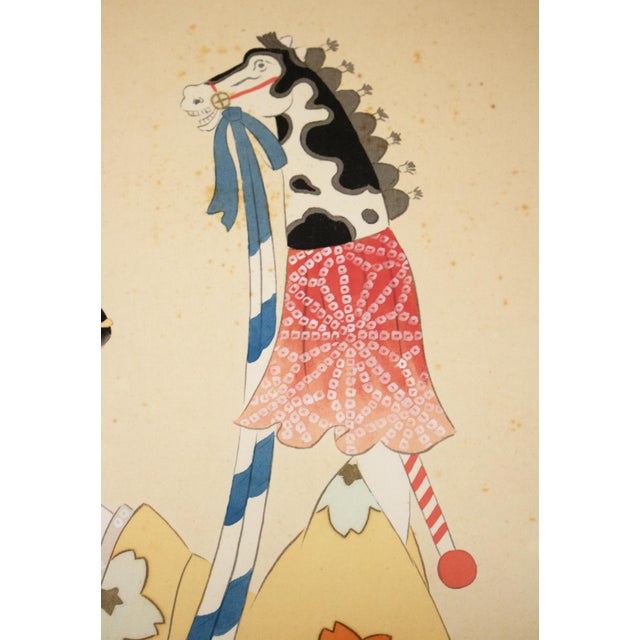 "Beauty With a Puppet" by Getsudo, Showa Era Japanese Silk Scroll Painting For Sale - Image 12 of 18