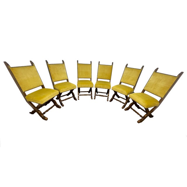 Set of 6 Spanish Revival Mahogany Dining Chairs With Yellow Velvet Upholstery, 1970s For Sale - Image 4 of 17