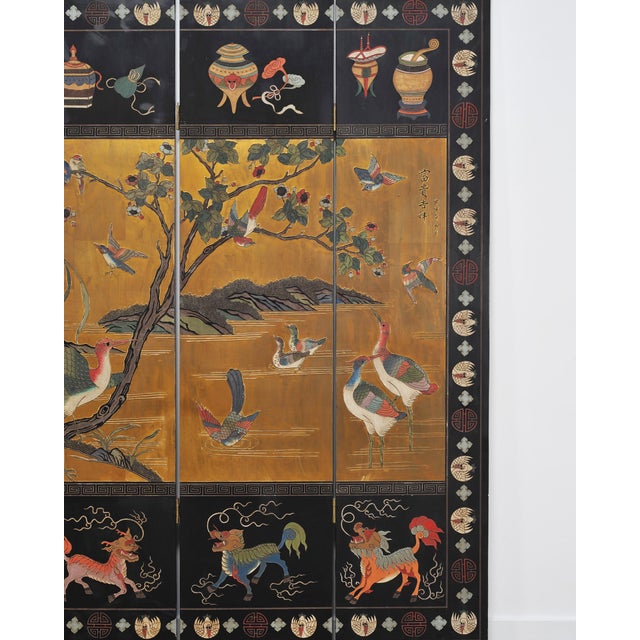 Mid 20th Century Chinese Export Lacquered Gilt Coromandel Screen Cranes and Ducks For Sale - Image 5 of 18