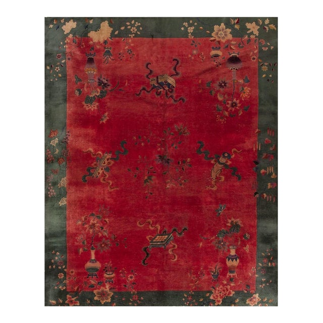 1920s Antique Chinese Art Deco Rug Vase Floral Walter Nichols 8' 10'' X 11' 2'' For Sale