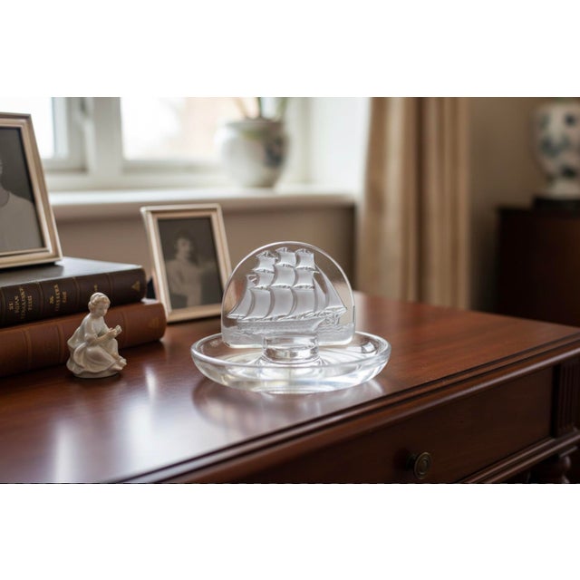 Glass Vintage Signed Lalique France "Caravelle" Frosted Crystal Sailing Ship Ring Dish For Sale - Image 7 of 7