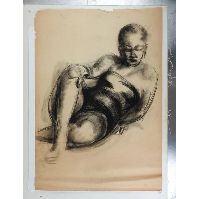 Vintage charcoal on paper female figural study by Geneva Flores Hart Fell (1906-2008) Texas, circa 1950s. Unsigned, from...