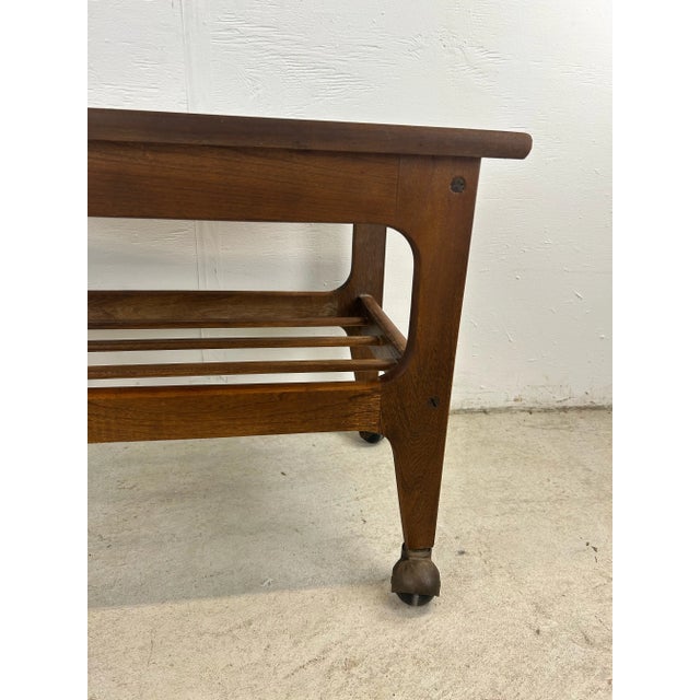 Mid Century Modern End Table With Black Vinyl Top and Wheels For Sale - Image 10 of 12