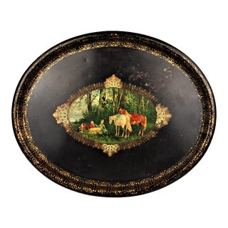 Antique Gold Trim Oval Picnic Scene Center Metal Tray For Sale