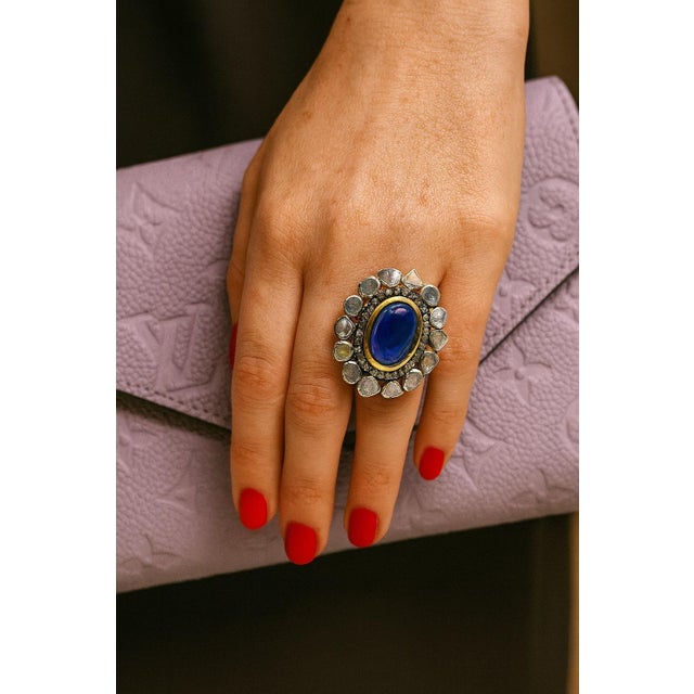 Bochic “Orient” Vintage Rose Cut Diamond & Tanzanite Ring Set 18K Gold & Silver For Sale In New York - Image 6 of 10