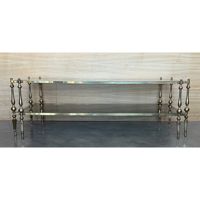 1960s Mid-Century Modern Two-Tier Brass With Fumé Glass Rectangular Side Table For Sale - Image 5 of 9